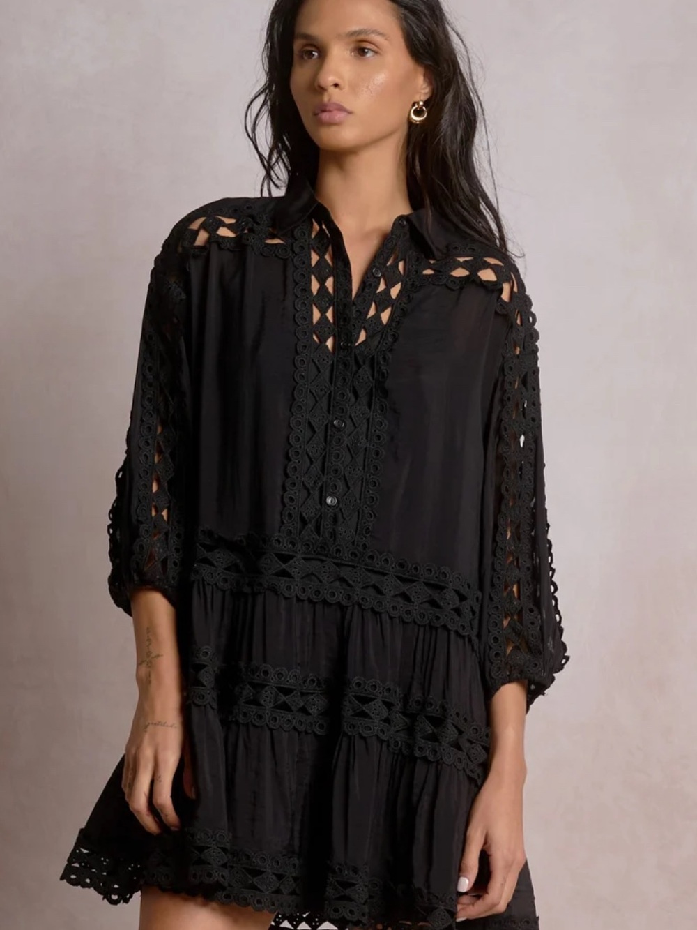 Elan Black Lace-Trim Tiered Mini Dress